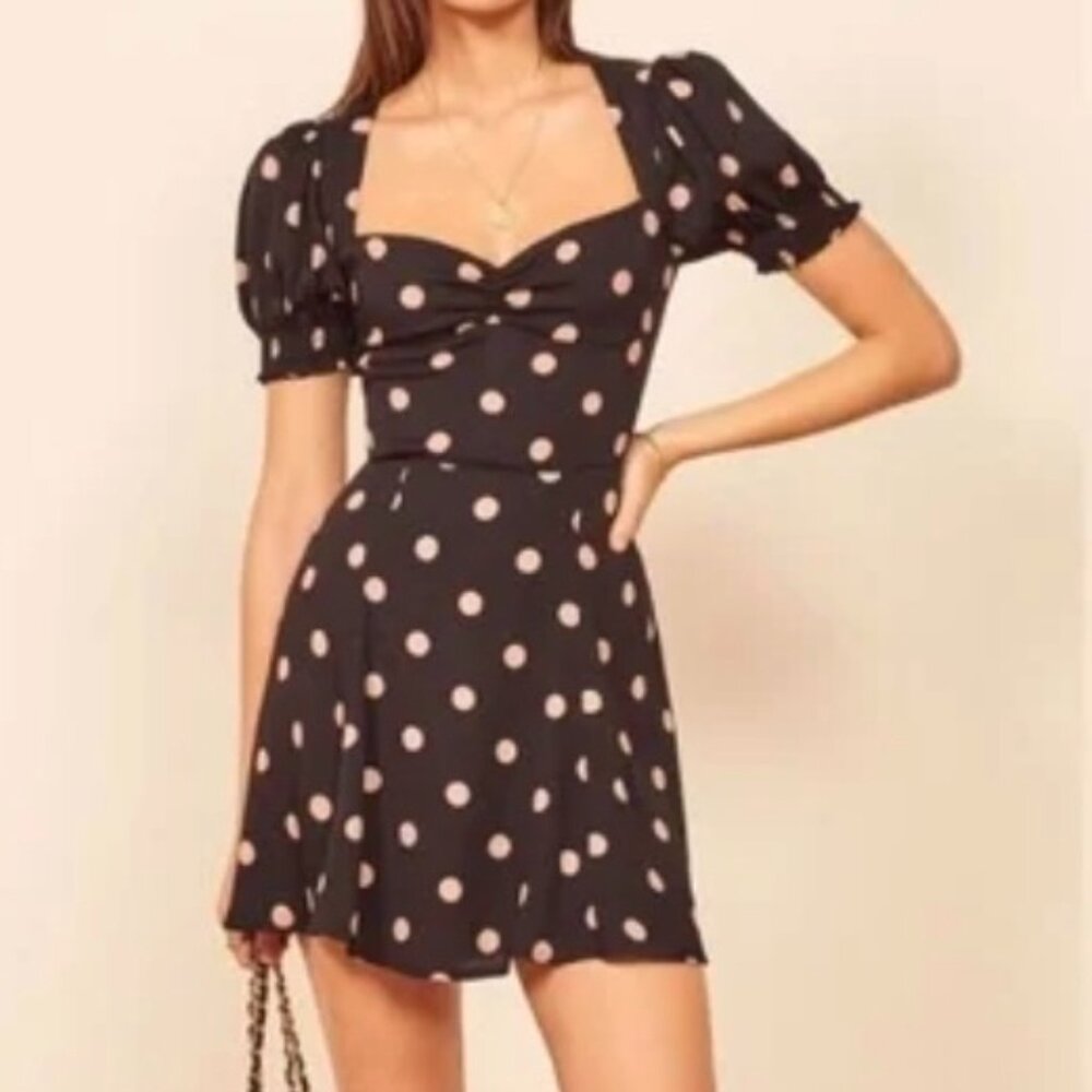 Reformation Black Mini Dress with Pink Polka Dots